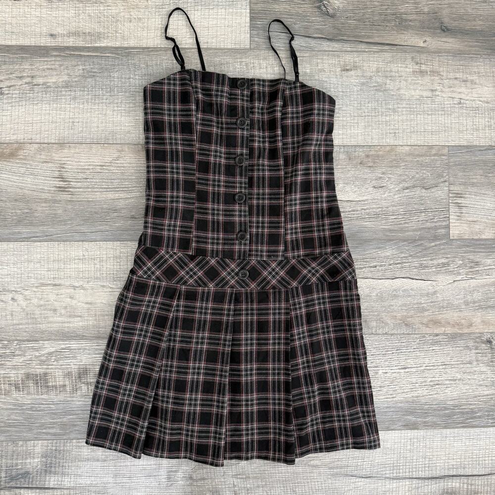 Vtg Y2K Taunt Plaid Mini Dress Large Button Pleated Goth Dark Academia Emo Punk